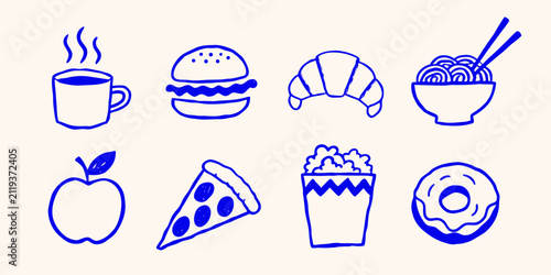 Various simple food icons drawn in blue ink on a light background
