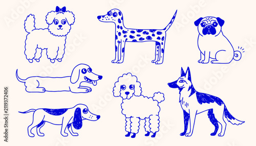 Whimsical hand-drawn dogs in various breeds with blue ink on a cream background