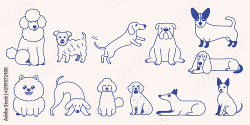 Various dog breeds in simple line drawing style with a pale cream background