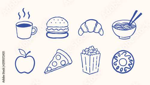 Whimsical hand-drawn food icons in a grid with a simple cream background