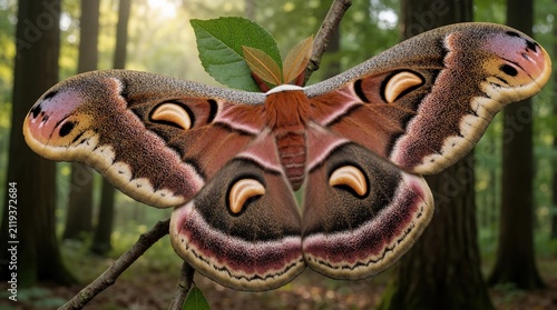 Large Attacus atlas moth rests on tree branch in forest. Insect shows brown patterned wings with symmetric eyespot markings. Macro view detail of fuzzy antennae, leaf backdrop. Exotic creature