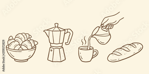Hand drawn breakfast elements set with croissants moka pot coffee cup and fresh bread loaf breakfast croissant beverage espresso steaming illustration restaurant caffeine culinary tableware