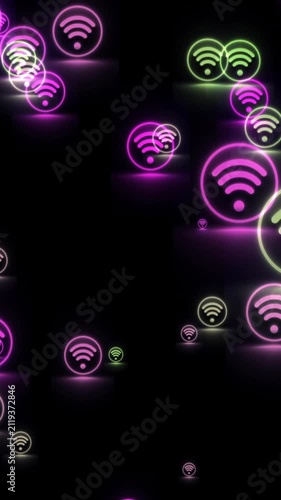 Neon WiFi Icons Floating on Dark Background vertical video