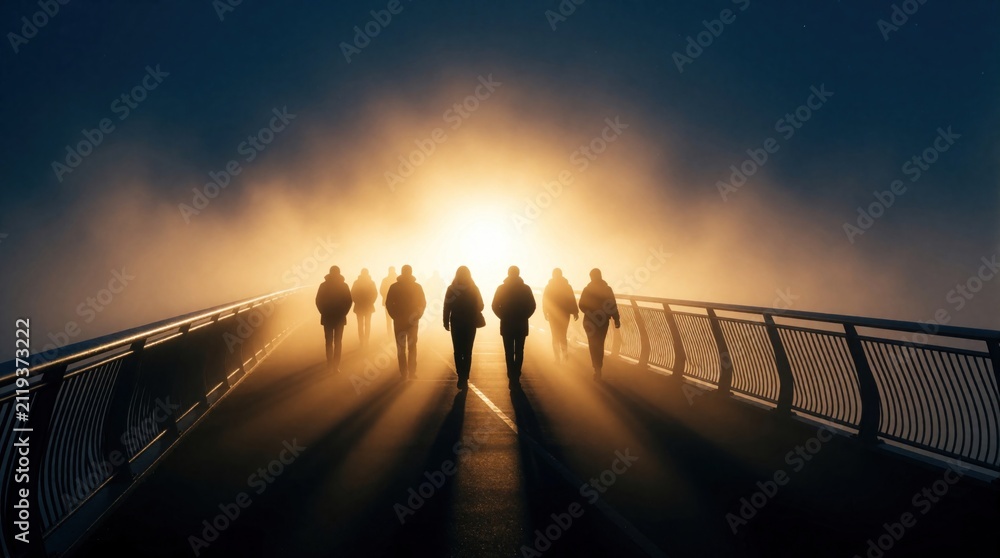 Obraz premium Silhouettes of group people walk on bridge towards bright glowing light. Dark night atmosphere with heavy fog, mist. Travelers move forward on path into unknown future. Symbolic vision of hope