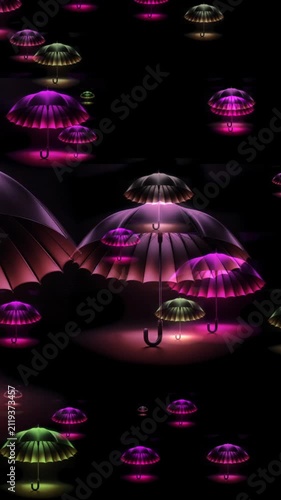 Glowing Neon Umbrellas Floating on Black Background vertical video