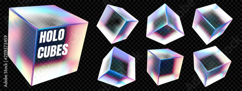 Square cube 3d with glass box object with rainbow prism isolated on background. Transparent gradient crystal reflection. Futuristic geometric matte element with color spectrum. Glossy virtual overlay