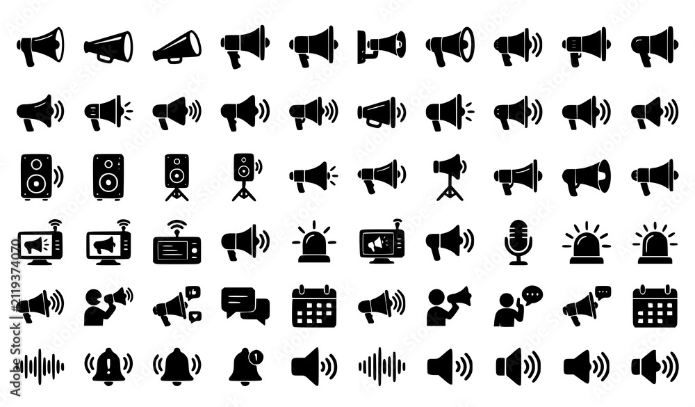 Fototapeta premium Collection of black megaphone and communication icons for marketing advertising and social media notification design elements