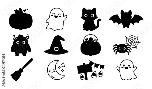 Fotografía Set of cute black and white halloween icons featuring ghosts pumpkins cats bats