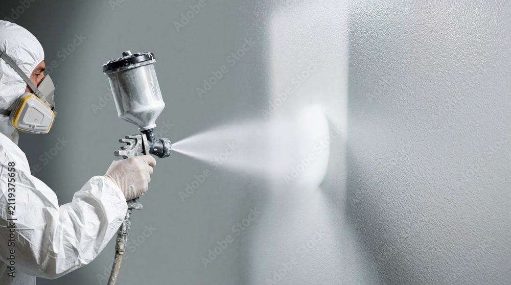 Obraz premium Pro painter uses spray gun to coat wall with white paint. Worker wears protective suit, respirator mask for safety during renovation process. Tool sprays fine mist onto surface for smooth finish in