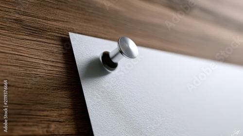 Metal push pin securing a blank white sheet of paper on a textured wooden surface with natural lighting and shallow depth of field