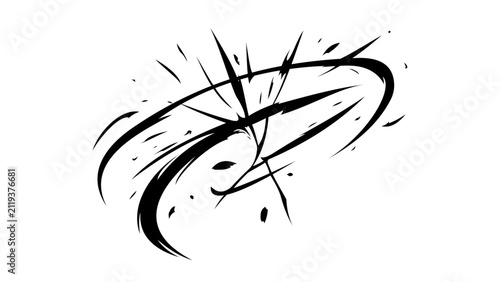 Black manga impact slash with dynamic curved brush strokes and sharp motion lines isolated on transparent background. Abstract anime action effect for comic scenes, visual effects, graphic design.