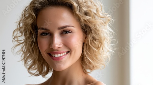 Portrait of a young woman with curly blonde hair smiling warmly against a soft bright background in natural light