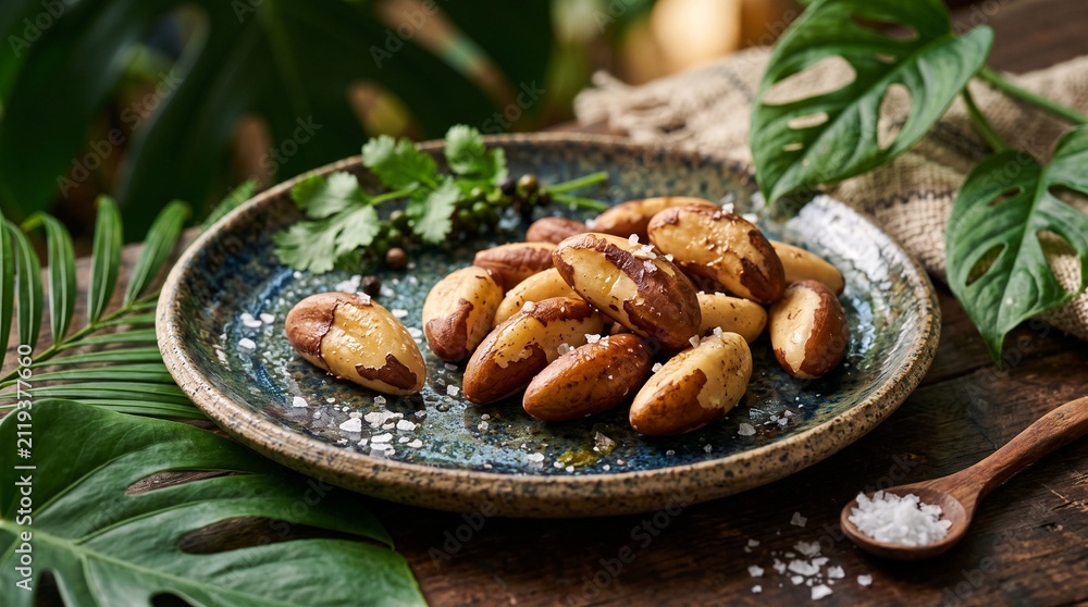 Fototapeta premium Delicious roasted Brazil nuts sprinkled with coarse sea salt on a rustic plate