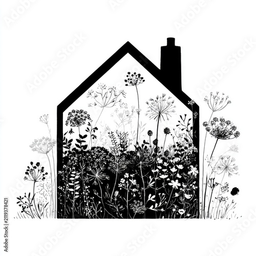 Botanical watercolor artwork showing a house outline filled with lush flowers and plants.