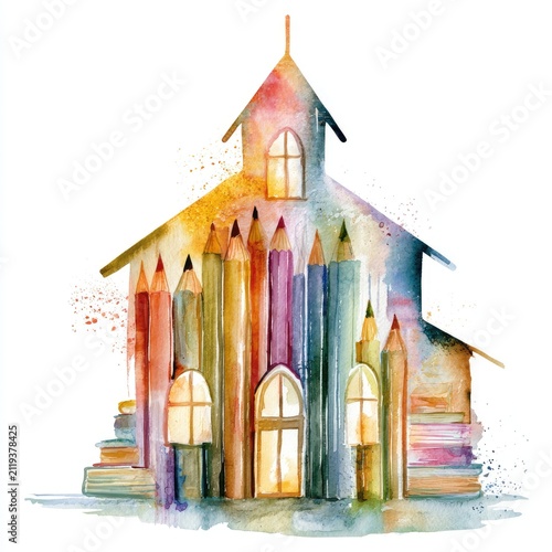 Watercolor illustration of a school building shape containing books and colored pencils with clean edges. Learning inspiration, educational campaigns, classroom decor, and stationery design.