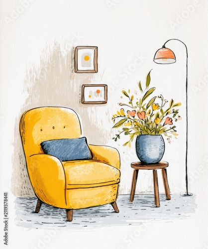 Poster depicting a decorated living room in an ultra minimal naive and folk art risograph style.