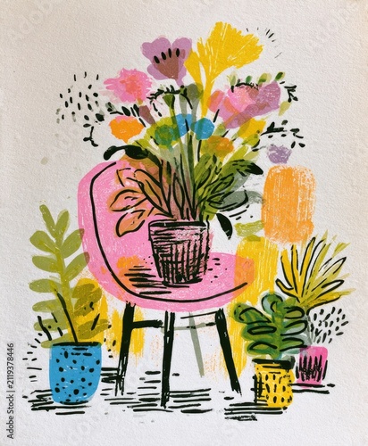 Naive art poster featuring a minimal living room scene with bold colors and handmade print textures. Home inspiration, creative publications, wall decoration, and lifestyle visuals.