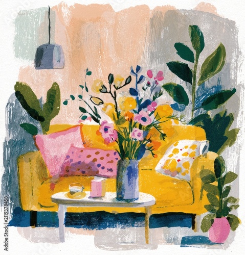 Naive art poster featuring a minimal living room scene with bold colors and handmade print textures. Home inspiration, creative publications, wall decoration, and lifestyle visuals.