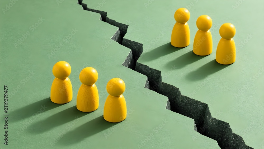 Obraz premium Yellow Wooden Figures Divided by a Deep Zigzag Crack Representing Social Polarization Conflict Disagreement and Segregation in Society