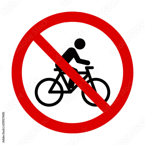 Prohibition sign with a bicycle silhouette and a bold red diagonal slash isolated on a white background, traffic regulation and safety concept