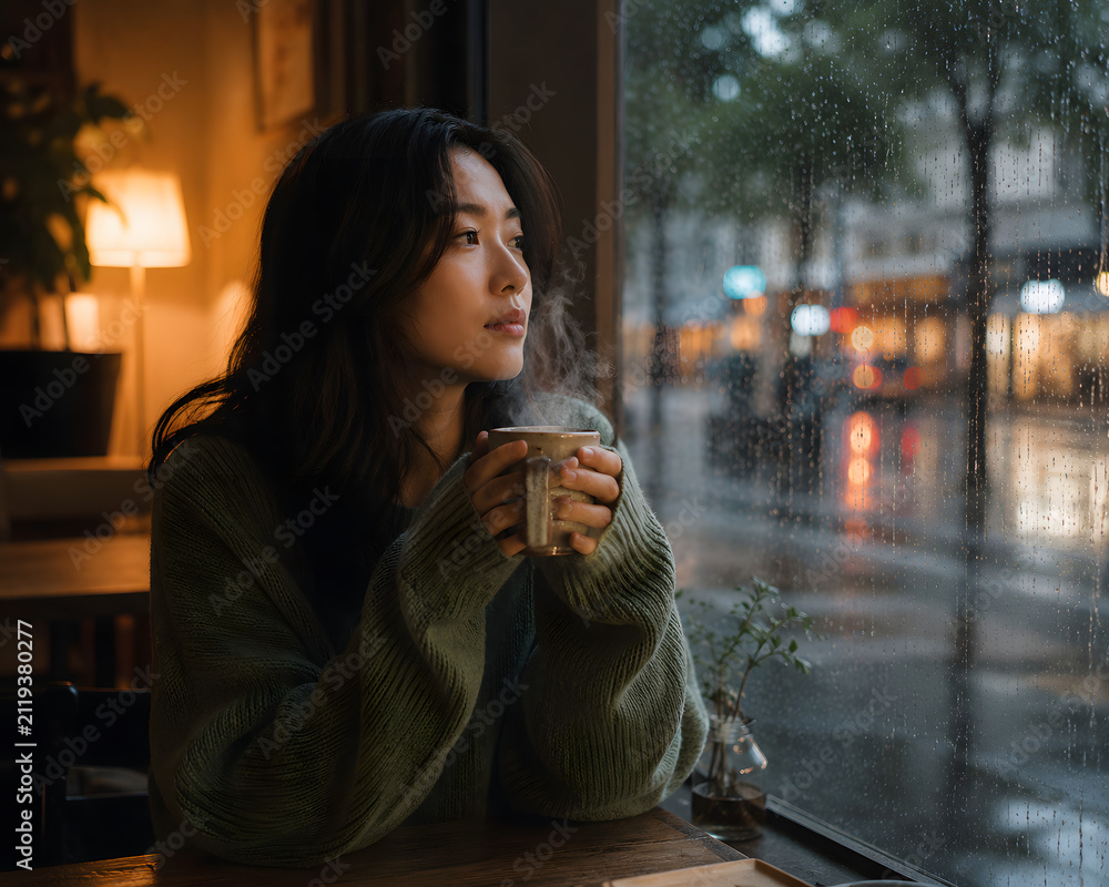 Fototapeta premium Asian woman drinking coffee alone at rainy window, cozy morning