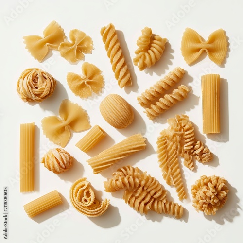 Dry Italian pasta sits on a white background.