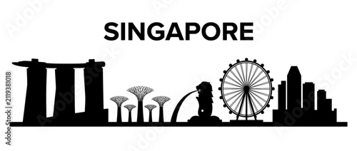 Singapore City Skyline Silhouette Illustration with Landmarks Isolated on White Background