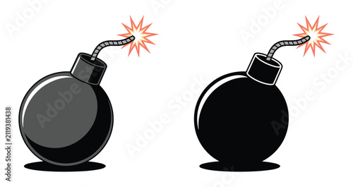 Obraz na plátne Two Cartoon Bombs Ready to Explode: A pair of stylized cartoon bombs, one gray and one black, sit poised with burning fuses, hinting at imminent danger or a powerful impact