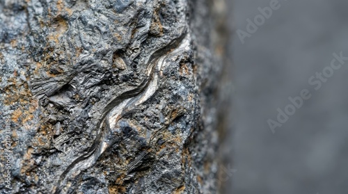 Close-up macro texture of iron ore with a wavy metallic vein, showing granular detail and ferric oxide highlights, with ample copy space