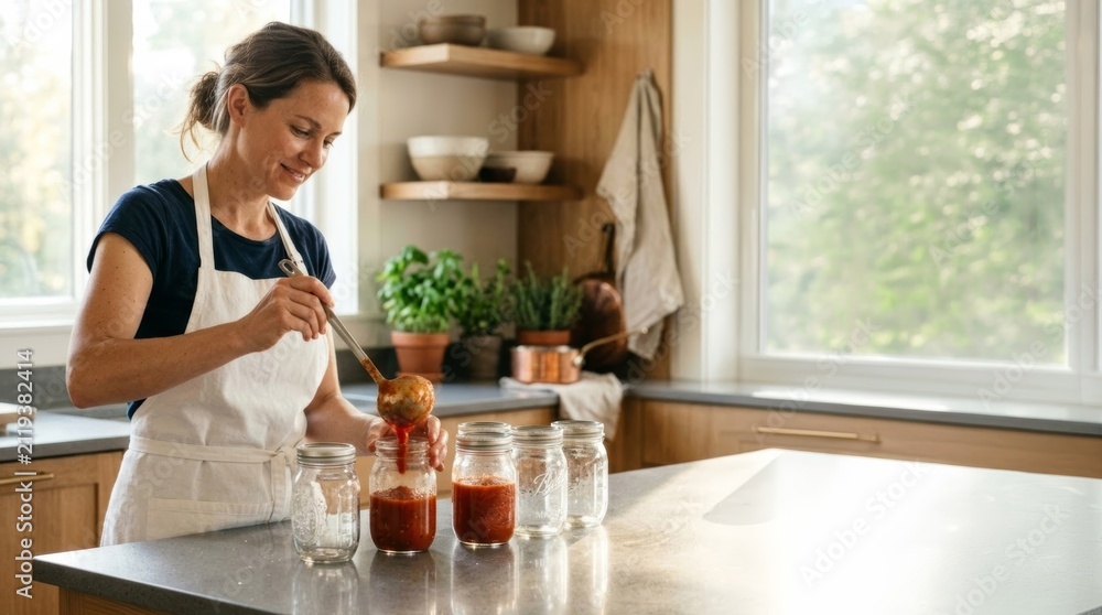 Fototapeta premium Woman pouring homemade sauce into glass jars for preservation, bright kitchen with natural light and copy space