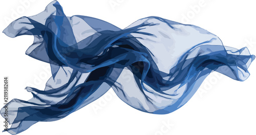 Abstract flowing blue silk fabric wave isolated on white background for luxury fashion design and elegant textile motion backdrop.