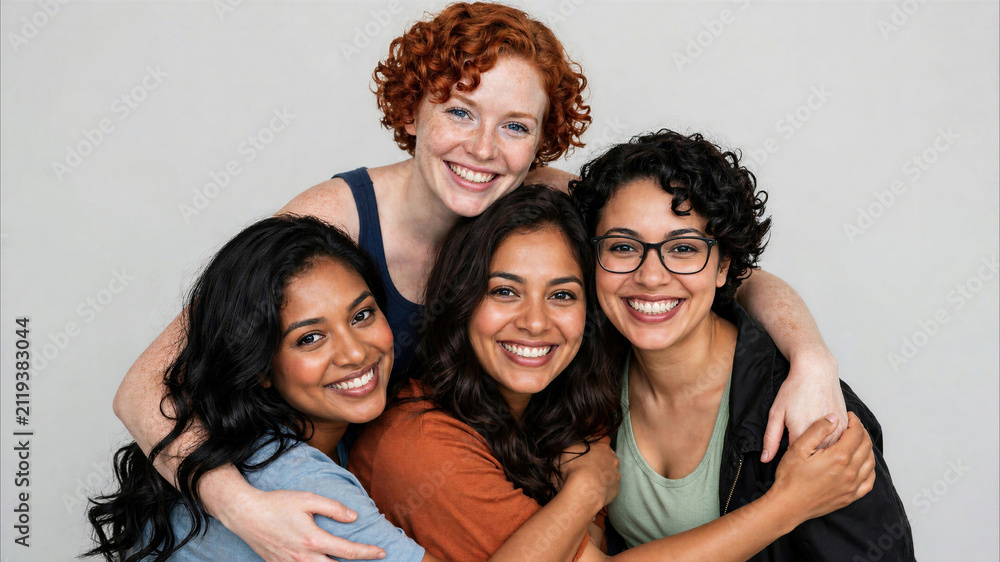 Obraz premium Four diverse young women smiling and embracing in a group hug against a white background, representing multicultural friendship and inclusivity.
