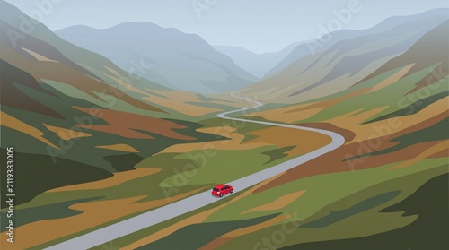 Flat vector aerial drone illustration, a single small car on a winding mountain road cutting through a vast valley landscape