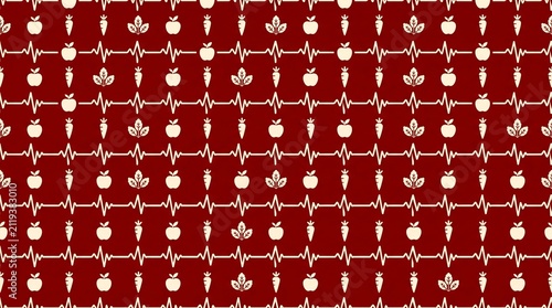 Seamless repeating vector pattern combining small heartbeat-line segments with fruit and vegetable silhouettes (apple, carrot, leafy green), two-tone flat palette