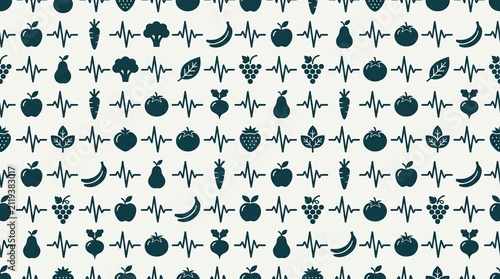 Seamless repeating vector pattern combining small heartbeat-line segments with fruit and vegetable silhouettes (apple, carrot, leafy green), two-tone flat palette