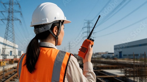 Female engineer wearing white hard hat, orange safety vest stands at building site holding radio. Woman pro communicates using walkie talkie device. Industrial background features high voltage power
