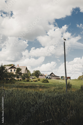 View of a white stork perched on a utility pole in a rural landscape with a farmhouse, a tractor, and green fields under a cloudy blue sky in Rezekne, Latvia.