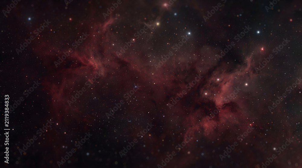 Fototapeta premium Deep space nebula with vibrant red cosmic clouds and countless stars creating a stunning universe background.