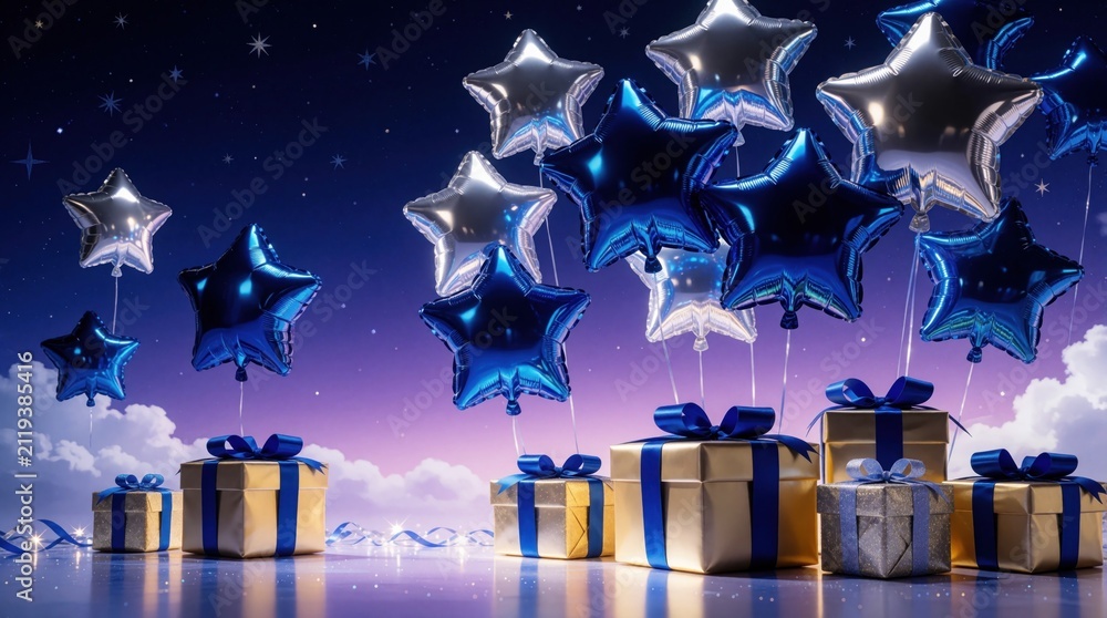 Obraz premium Gold gift boxes with blue ribbons sit beneath silver and blue star balloons floating in a dusky twilight sky with clouds. Celebration scene with party elements and nighttime atmosphere.