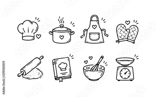 Cute hand-drawn baking and cooking icons with hearts and chef's hat