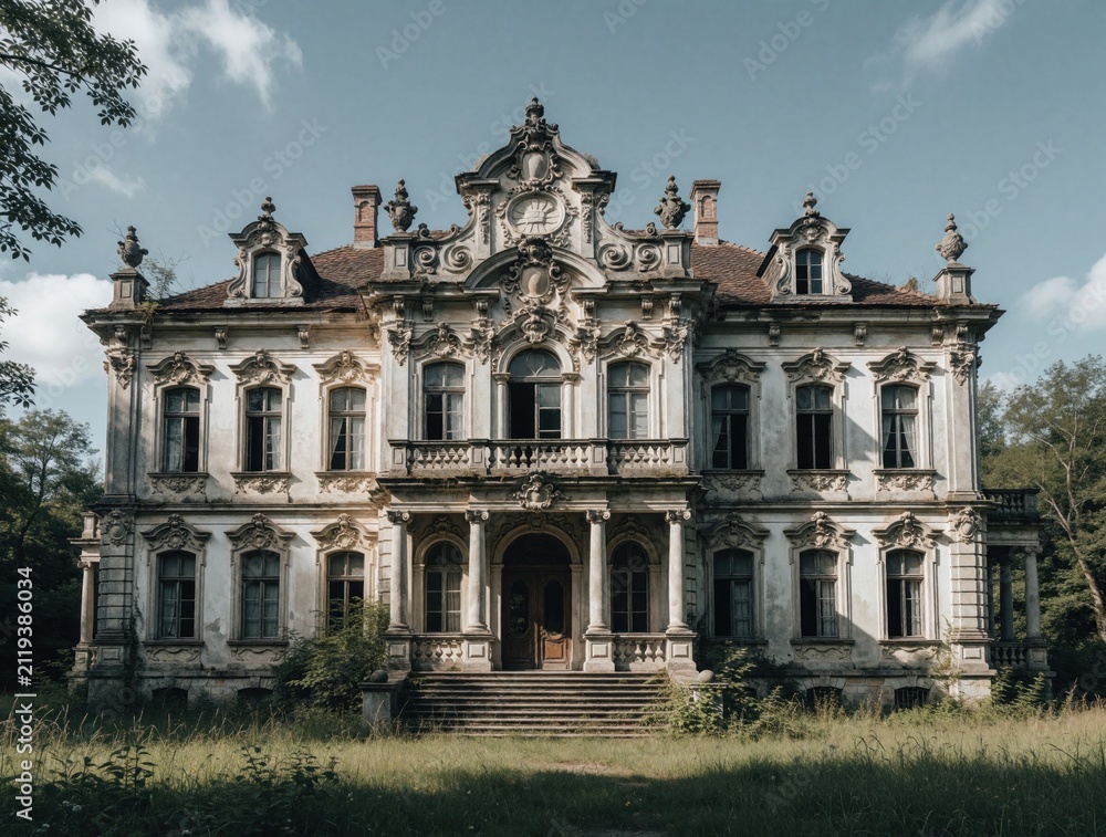 Fototapeta premium Old baroque mansion with weathered stone walls, classic architecture standing in field. Grand estate building shows faded luxury facade. Abandoned historical house exterior features ornate balcony,