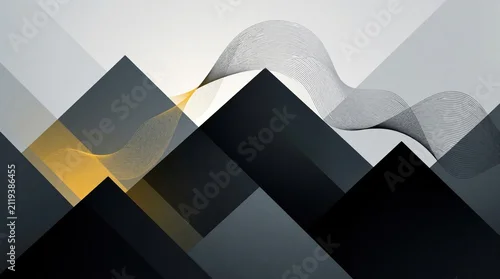 Panel kuchenny z motywem Geometric abstract mountains feature flowing wave lines. Dark grey, black, and beige shapes create a modern, minimalist landscape. Smooth curves overlay sharp angles creating visual depth.