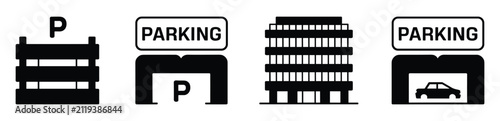 Fotografie Parking Facilities Icons: A collection of stylized icons representing various parking structures, including multi-level garages and covered parking lots, indicating available parking options