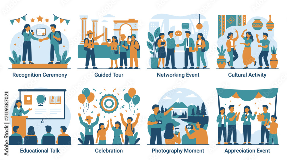 Naklejka premium Corporate groups enjoying cultural activities and guided tours.