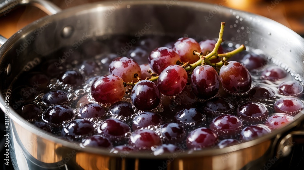 Obraz premium Red grapes boil in metal pot filled with water. Fresh berries cook on stove to prepare homemade organic fruit juice. Bubbles rise from boiling liquid during cooking process. Traditional kitchen food