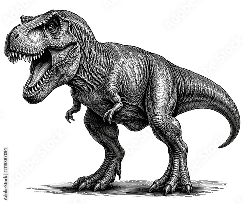 Detailed illustration of a fearsome Tyrannosaurus Rex dinosaur in a powerful stance