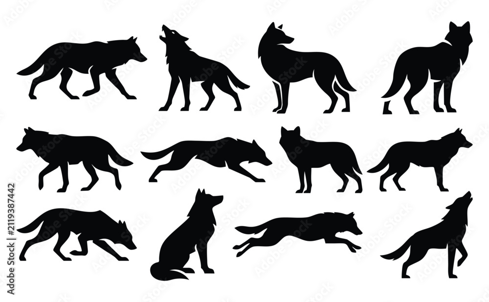 Obraz premium Black Wolf Silhouette Vector Set, Wild Animal Mascot Logo Icons and Poses Collection