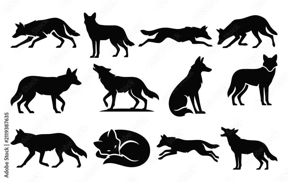 Obraz premium Ethiopian Wolf Silhouette Vector Set, African Wildlife Mascot Logo Icons and Poses Collection