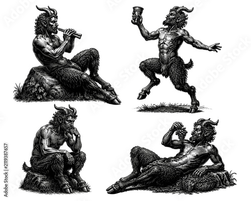 Obraz na plátne Collection of mythological satyrs depicted in various poses and activities