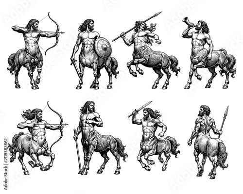 Mythological centaurs depicted in various poses with weapons and armor